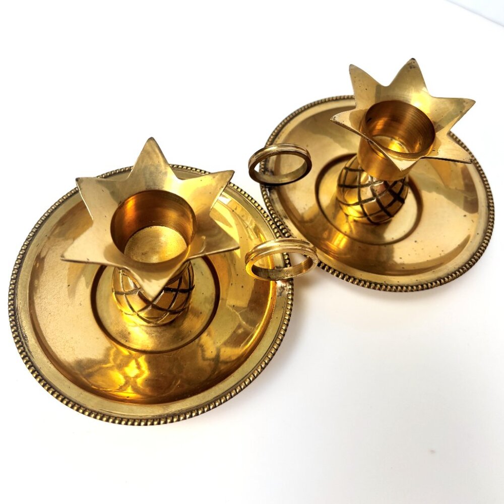 Vintage Pair Brass Pineapple Candle Stick Holder Chamberstick with Finger Ring - Picture 5 of 9